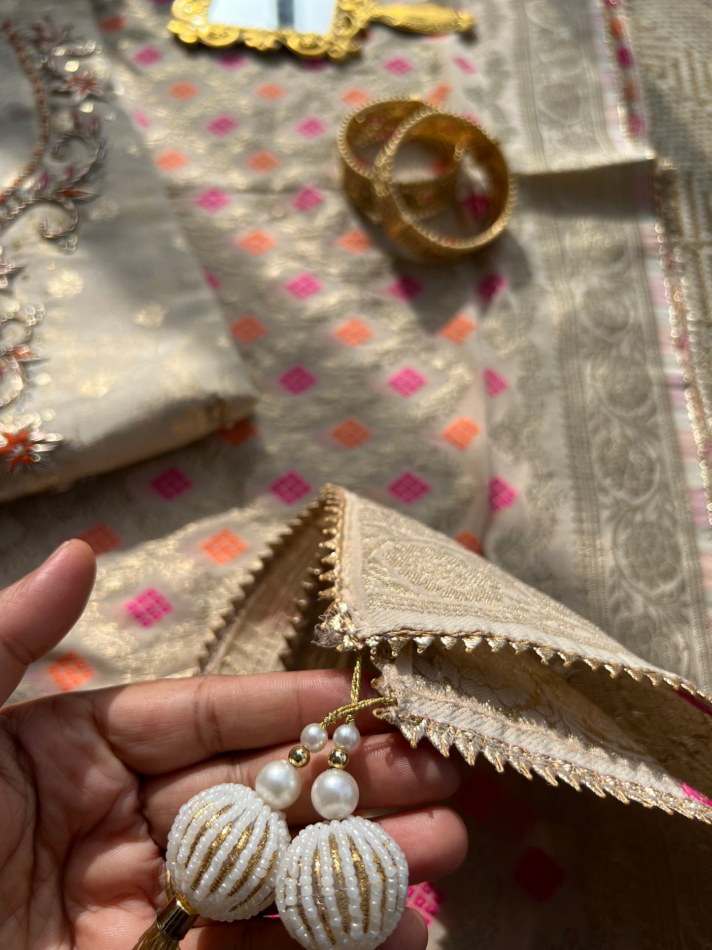 Elegant Ivory Shimmer Jaquard Handwork