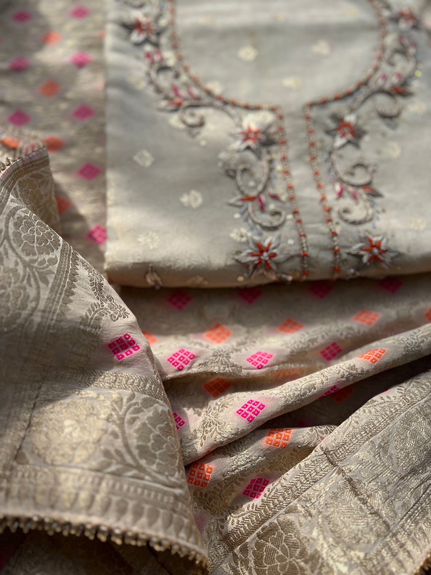 Elegant Ivory Shimmer Jaquard Handwork