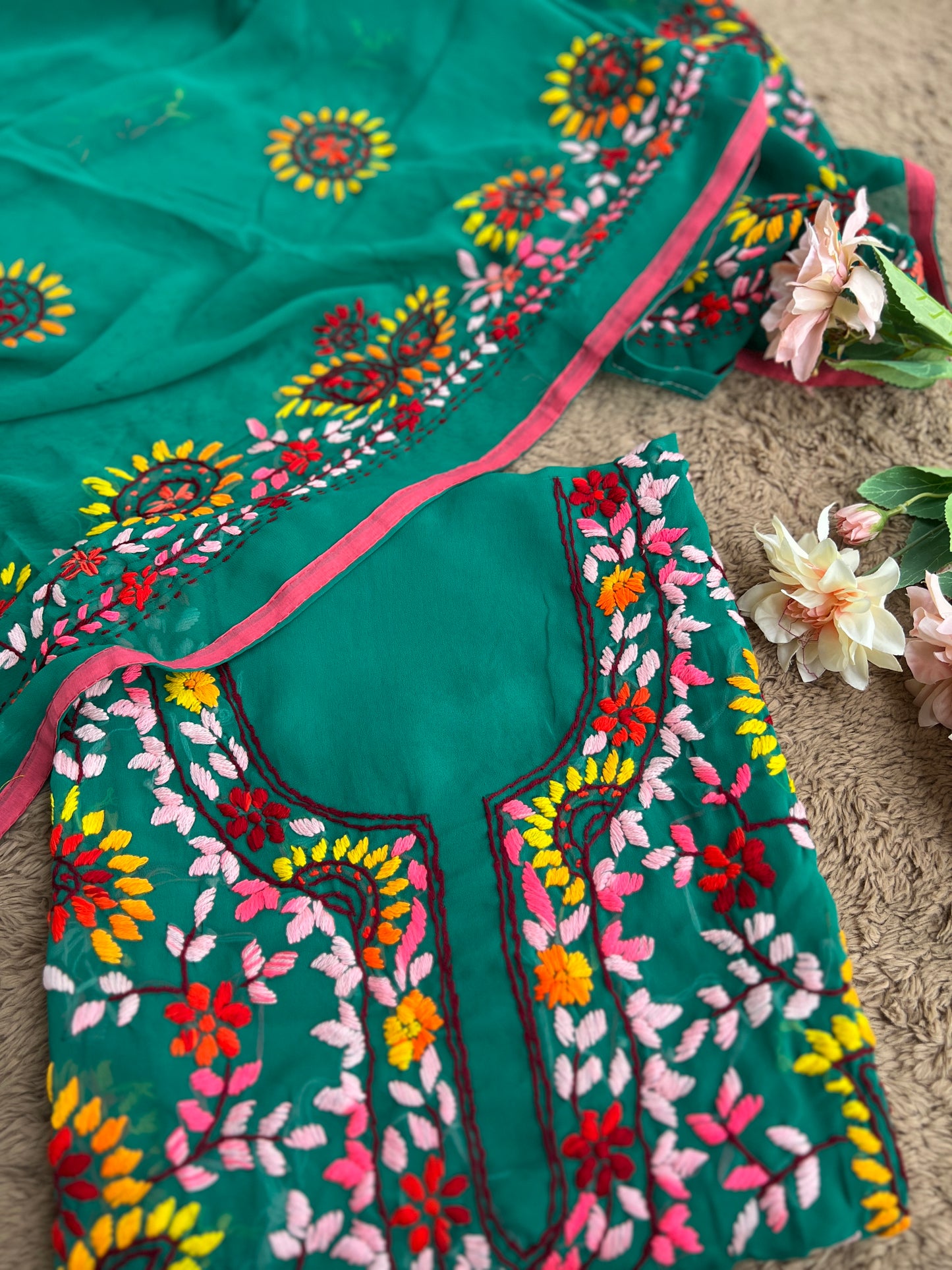 Emerald Green Georgette Phulkari Suit with Multicolor Hand Embroidery πΊ