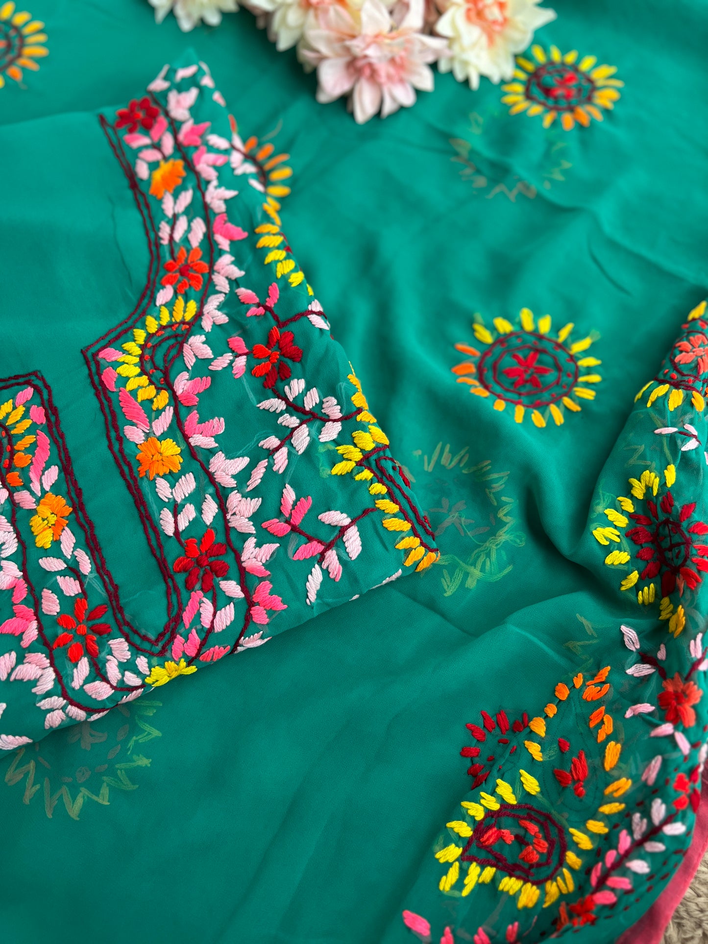 Emerald Green Georgette Phulkari Suit with Multicolor Hand Embroidery πΊ