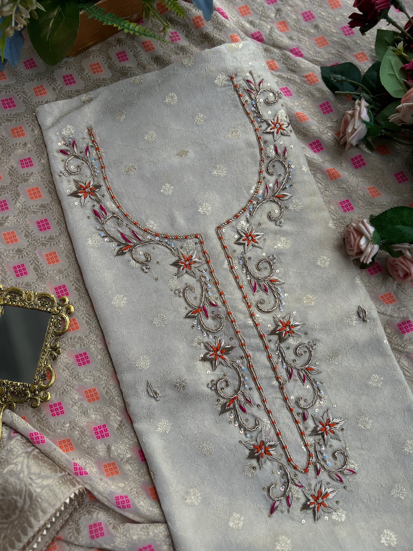 Elegant Ivory Shimmer Jaquard Handwork