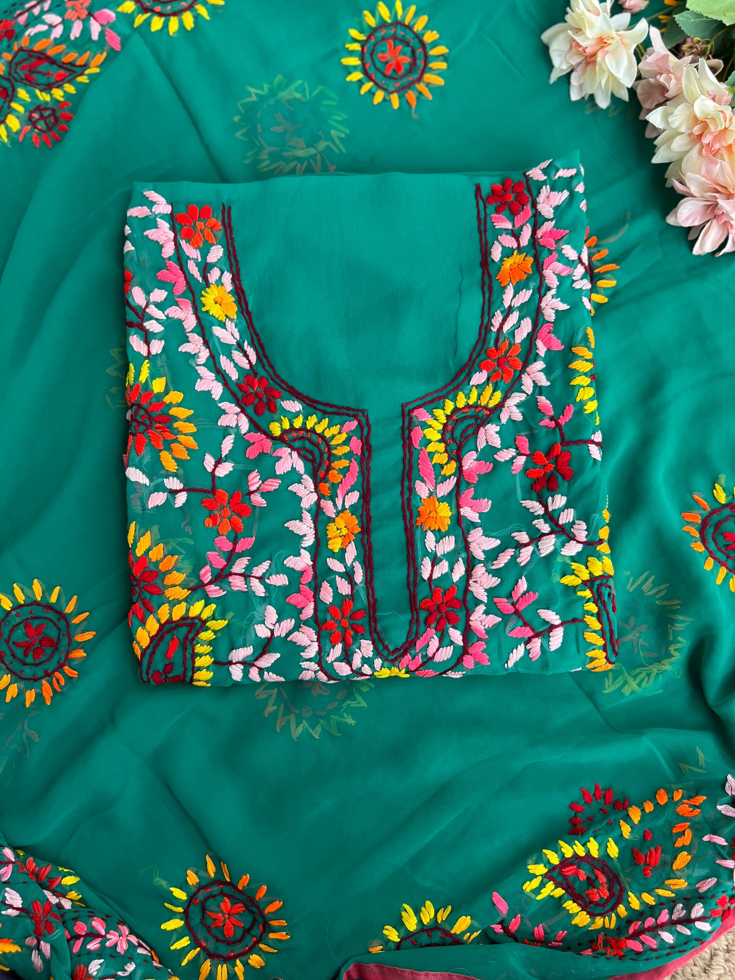Emerald Green Georgette Phulkari Suit with Multicolor Hand Embroidery πΊ