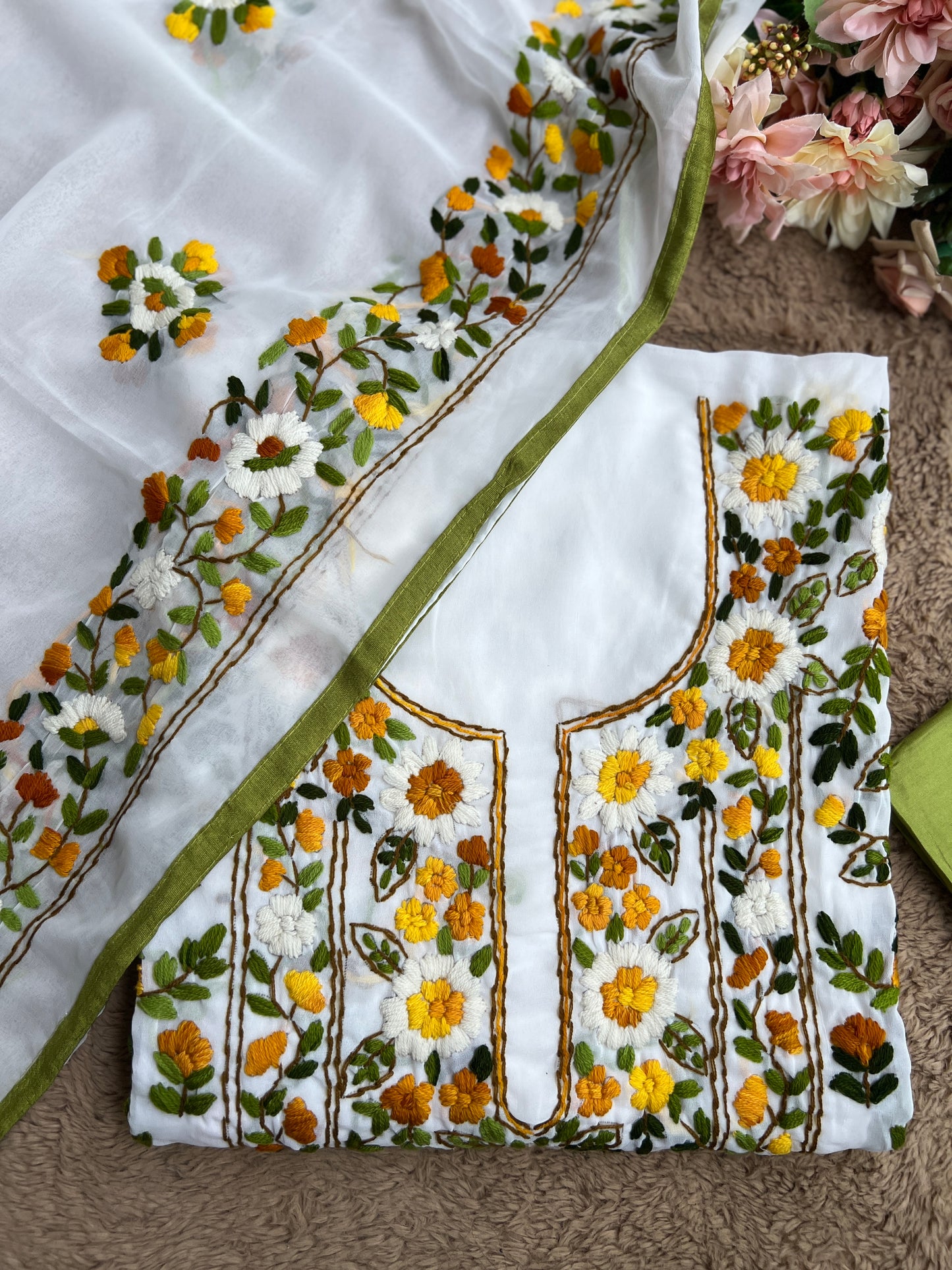 White Georgette Phulkari Suit with Sunshine Yellow Hand Embroidery πΌ