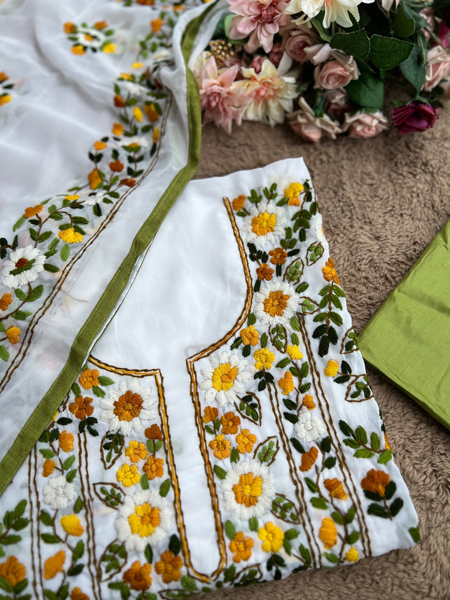 White Georgette Phulkari Suit with Sunshine Yellow Hand Embroidery πΌ