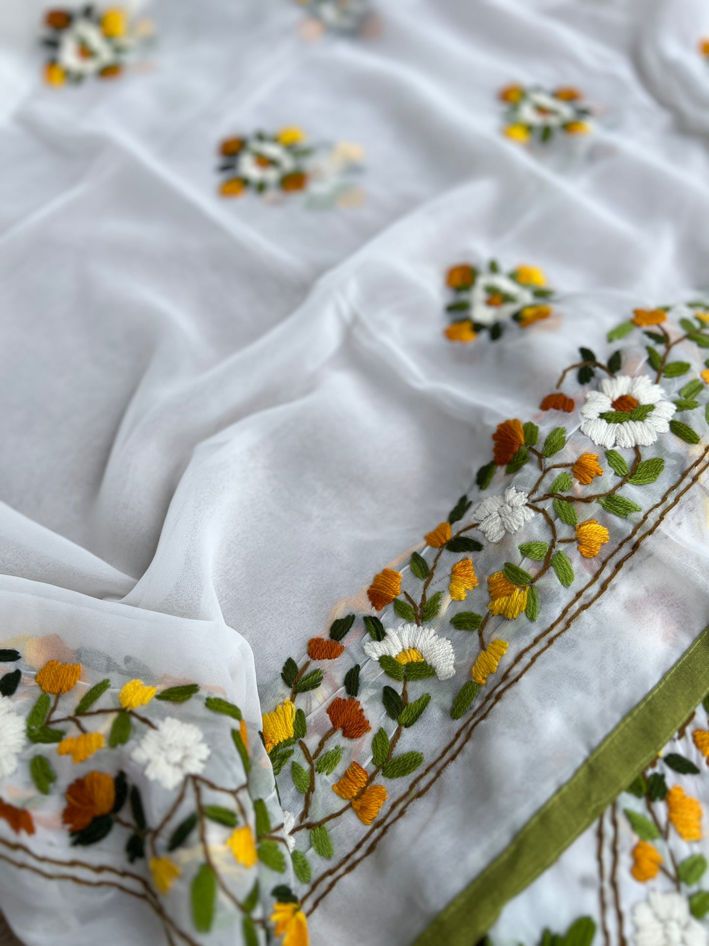 White Georgette Phulkari Suit with Sunshine Yellow Hand Embroidery πΌ