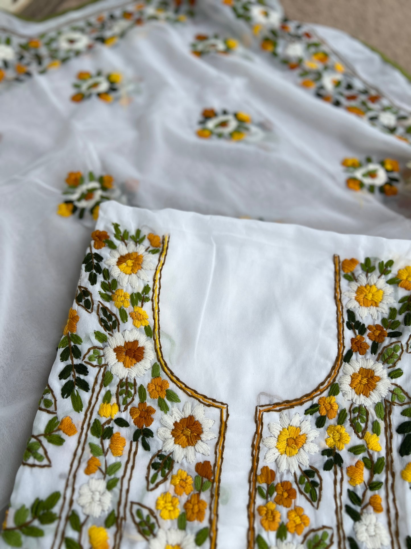 White Georgette Phulkari Suit with Sunshine Yellow Hand Embroidery πΌ