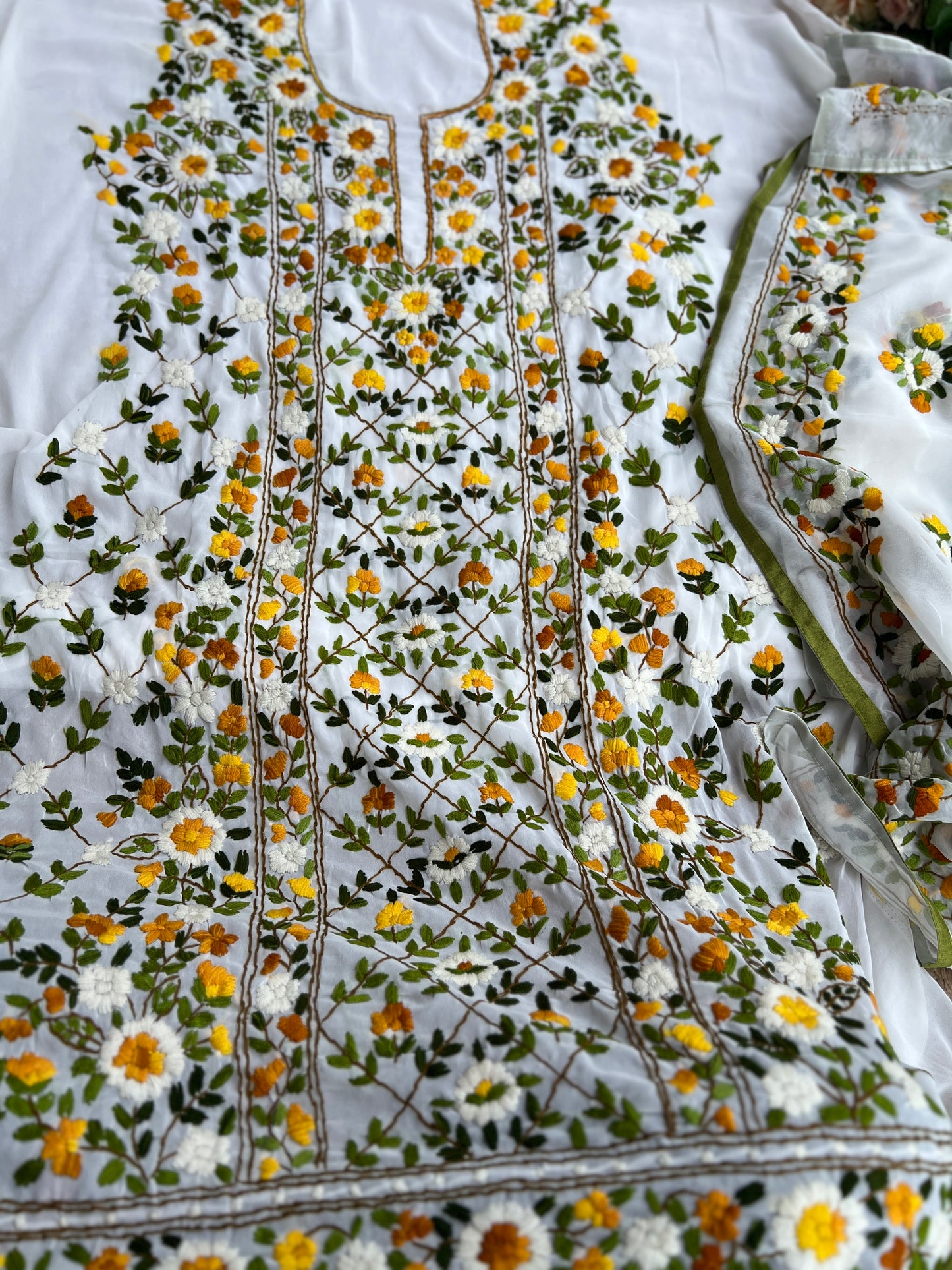 White Georgette Phulkari Suit with Sunshine Yellow Hand Embroidery πΌ