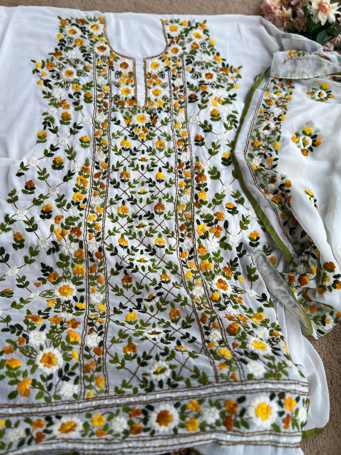 White Georgette Phulkari Suit with Sunshine Yellow Hand Embroidery πΌ