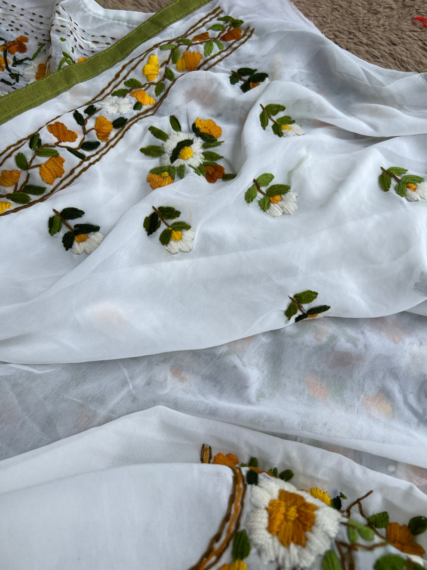 White Georgette Phulkari Suit with Sunshine Yellow Hand Embroidery πΌ