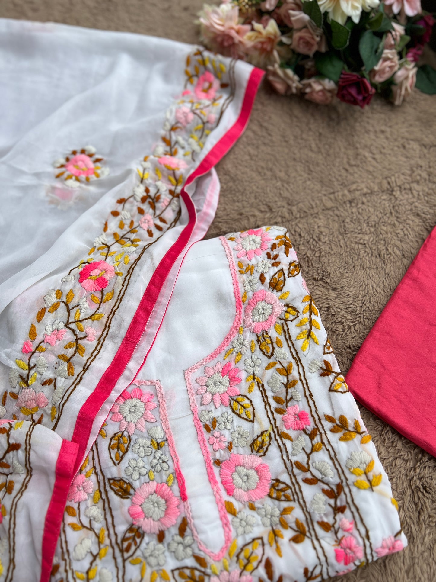 White Georgette Phulkari Suit with Pastel Hand Embroidery πΈ