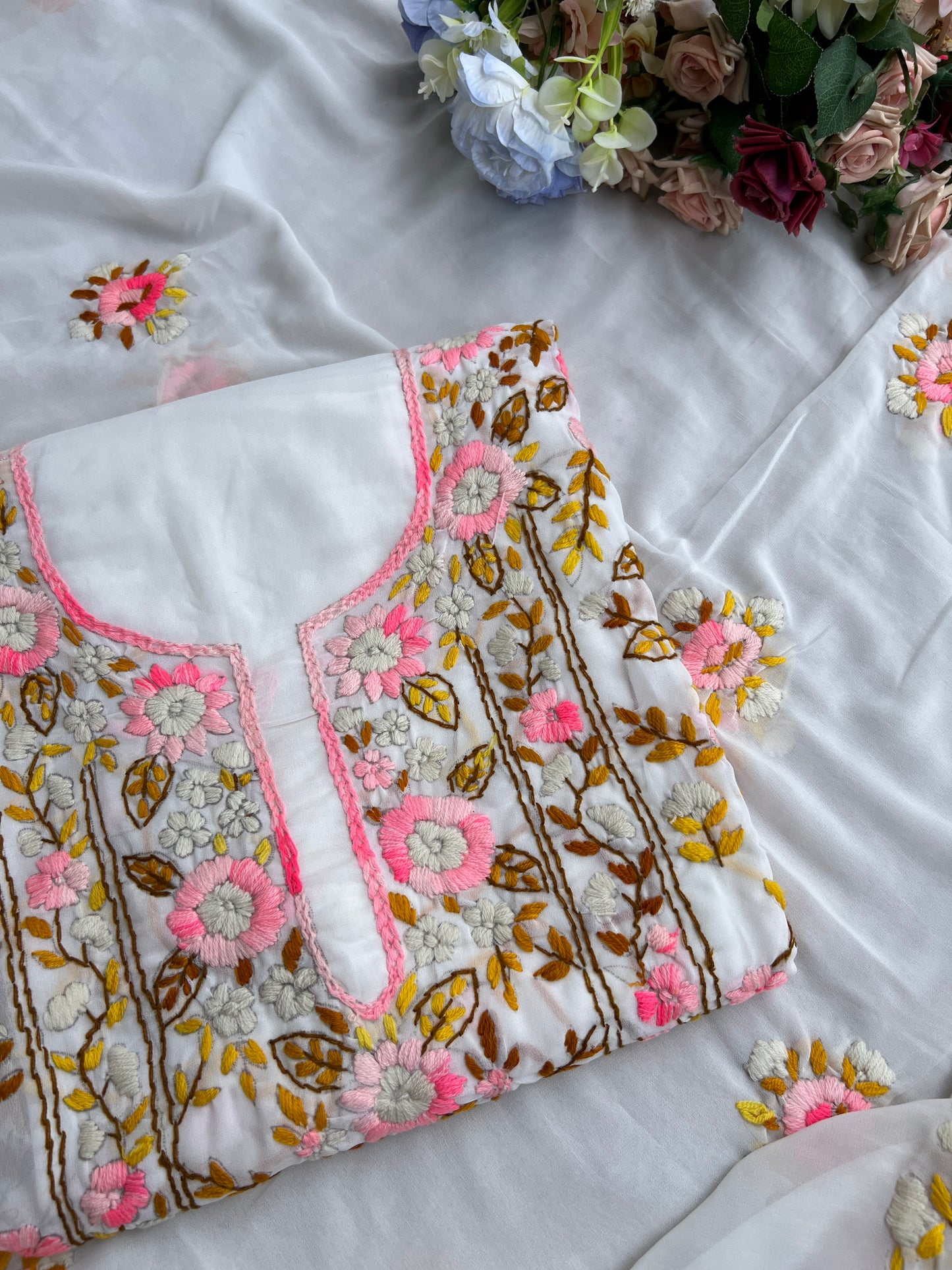 White Georgette Phulkari Suit with Pastel Hand Embroidery πΈ