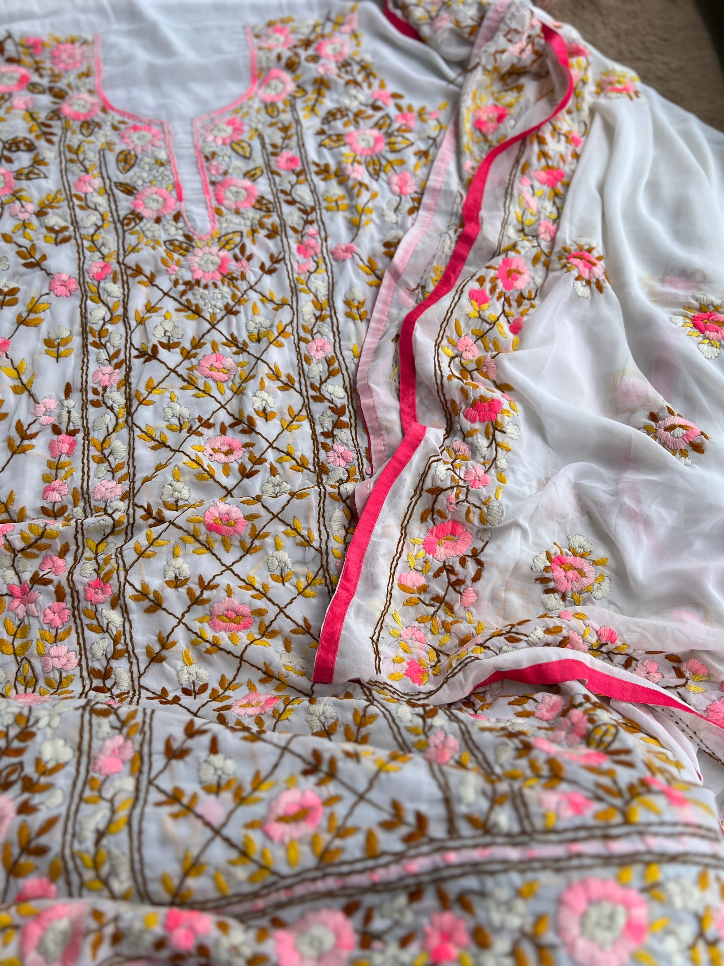 White Georgette Phulkari Suit with Pastel Hand Embroidery πΈ