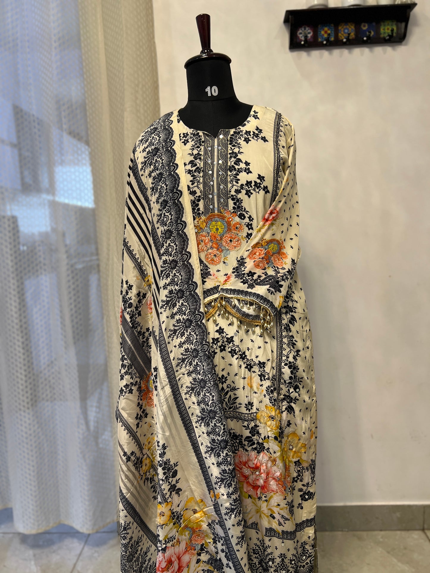 Elegant Crepe Pakistani Stitched Salwar Suit with Intricate Mirror Work