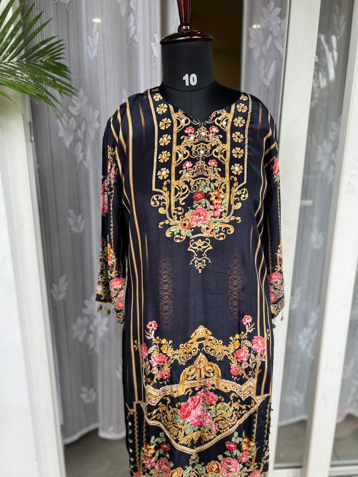 Elegant Crepe Pakistani Stitched Salwar Suit with Intricate Mirror Work