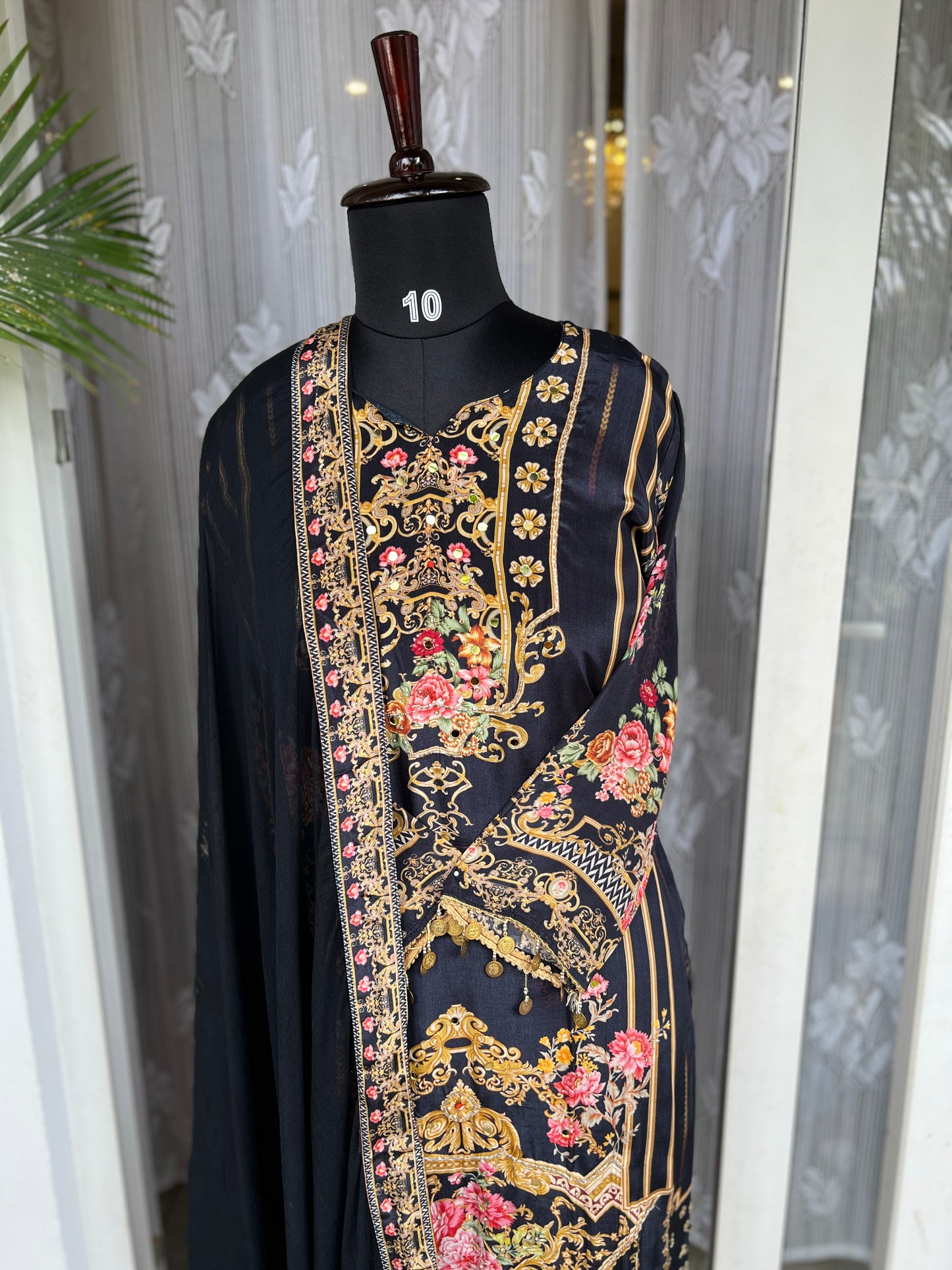 Elegant Crepe Pakistani Stitched Salwar Suit with Intricate Mirror Work