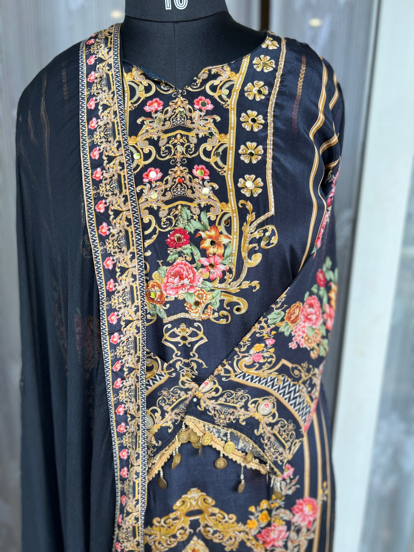 Elegant Crepe Pakistani Stitched Salwar Suit with Intricate Mirror Work