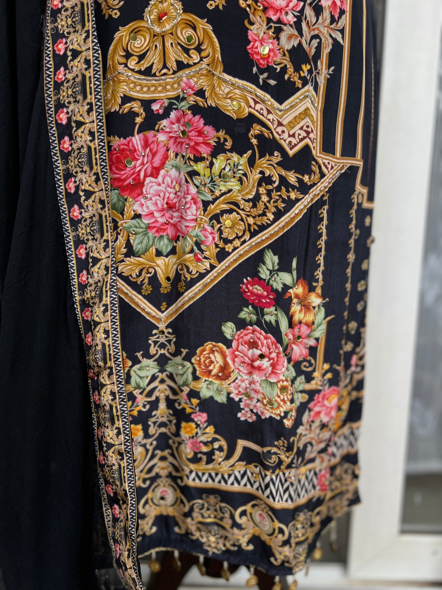 Elegant Crepe Pakistani Stitched Salwar Suit with Intricate Mirror Work