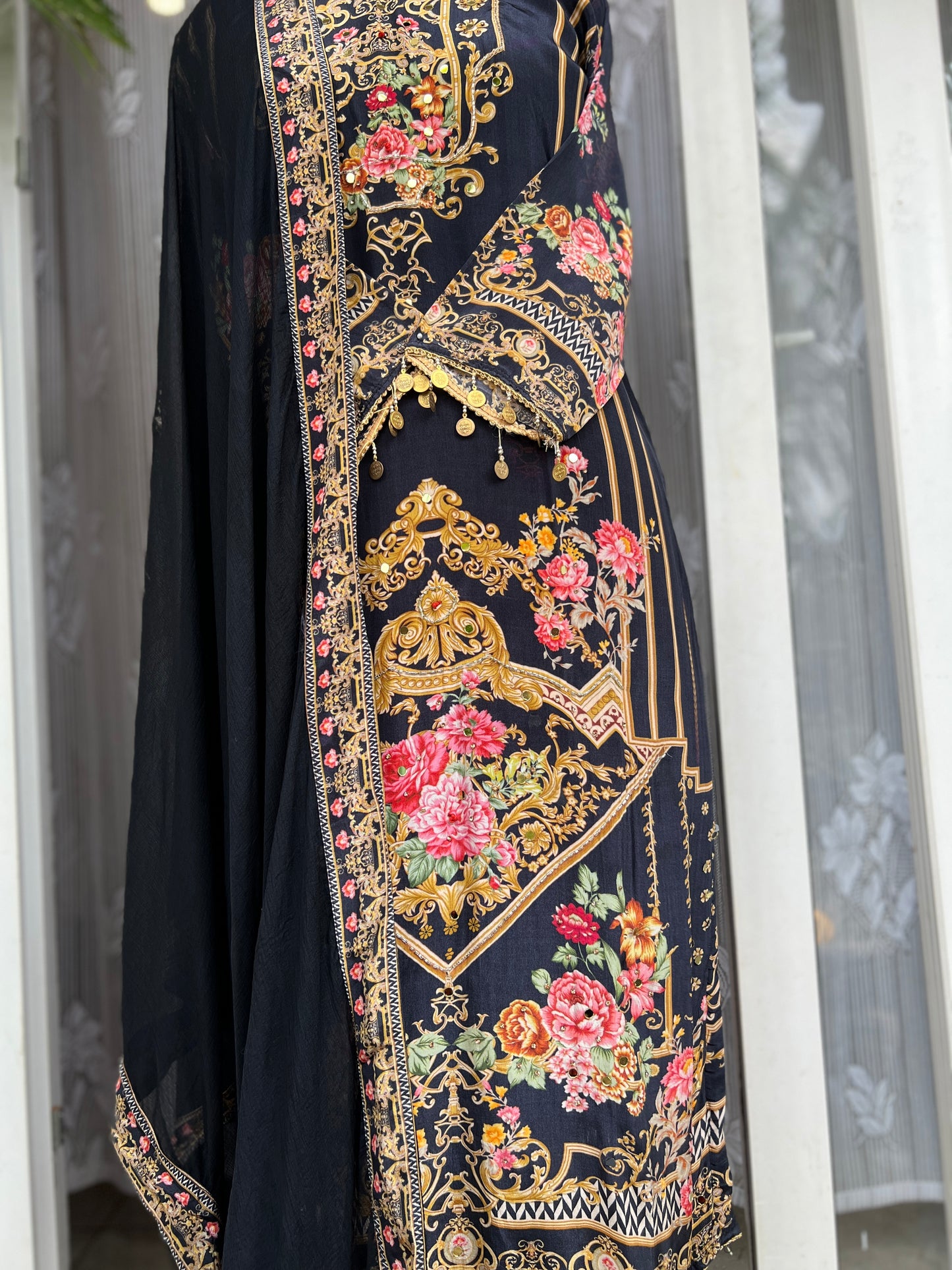 Elegant Crepe Pakistani Stitched Salwar Suit with Intricate Mirror Work