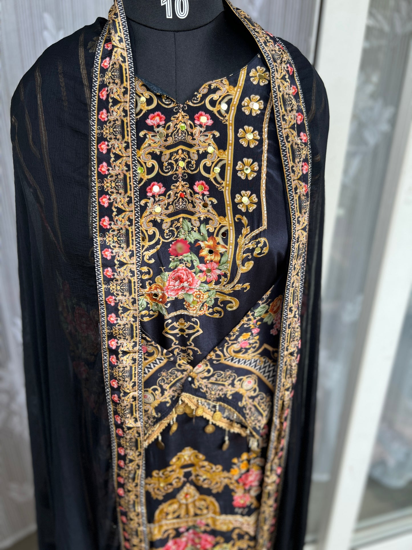 Elegant Crepe Pakistani Stitched Salwar Suit with Intricate Mirror Work