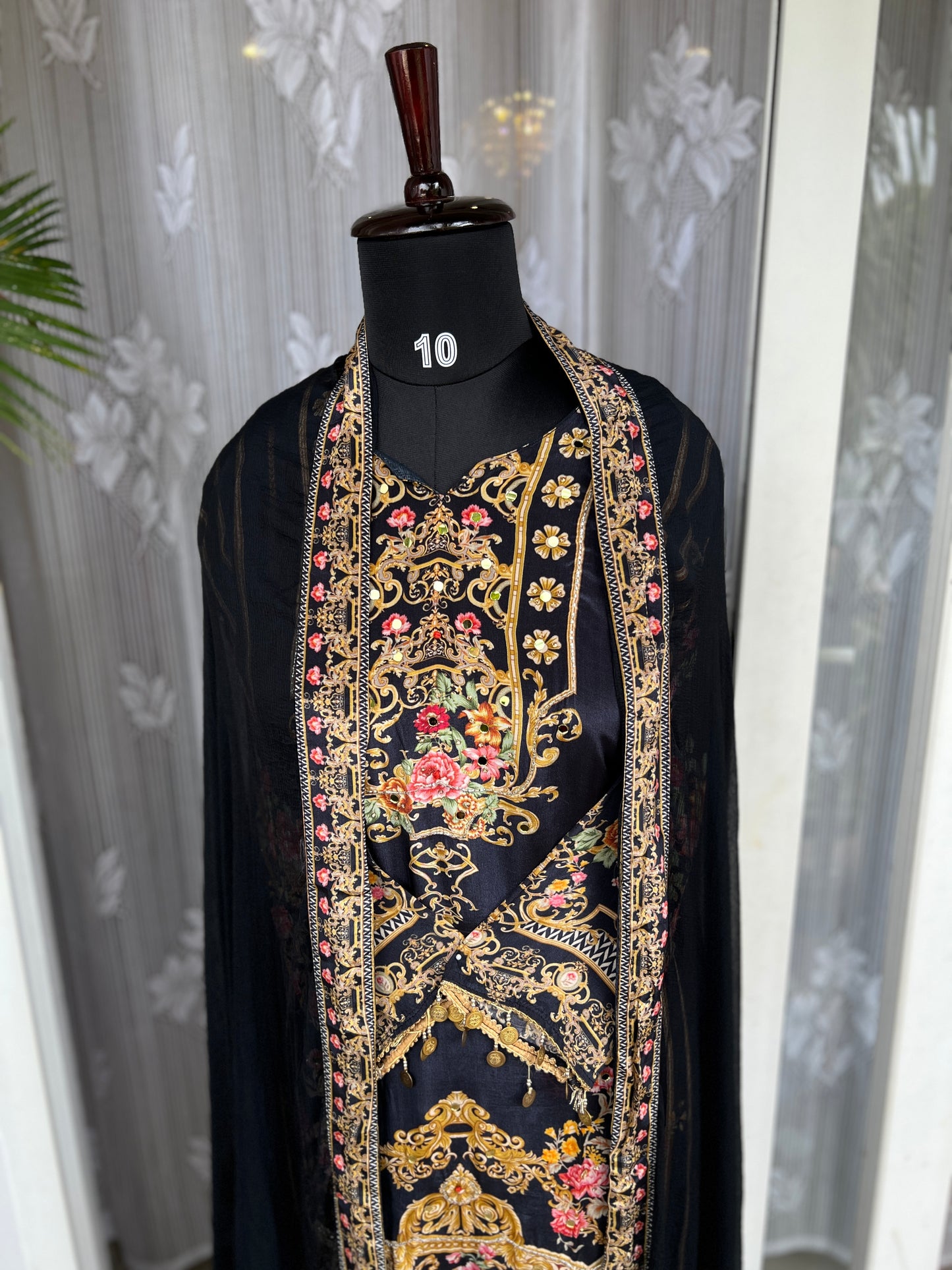 Elegant Crepe Pakistani Stitched Salwar Suit with Intricate Mirror Work