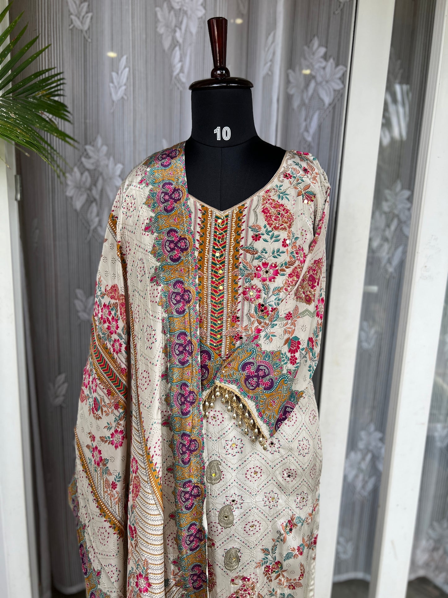 Elegant Crepe Pakistani Stitched Salwar Suit with Intricate Mirror Work