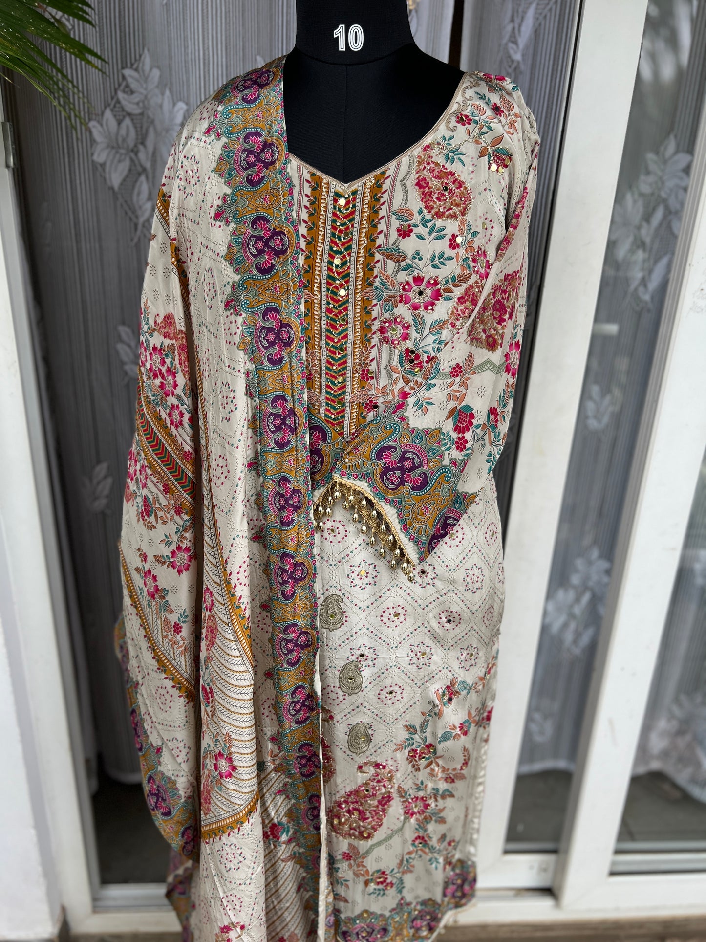 Elegant Crepe Pakistani Stitched Salwar Suit with Intricate Mirror Work