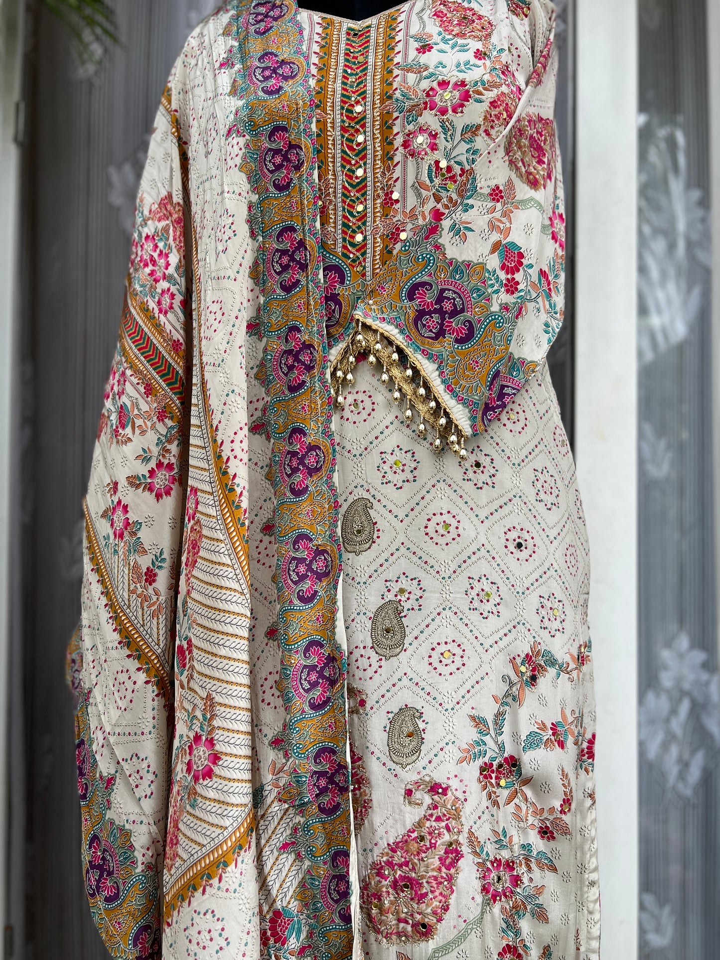 Elegant Crepe Pakistani Stitched Salwar Suit with Intricate Mirror Work