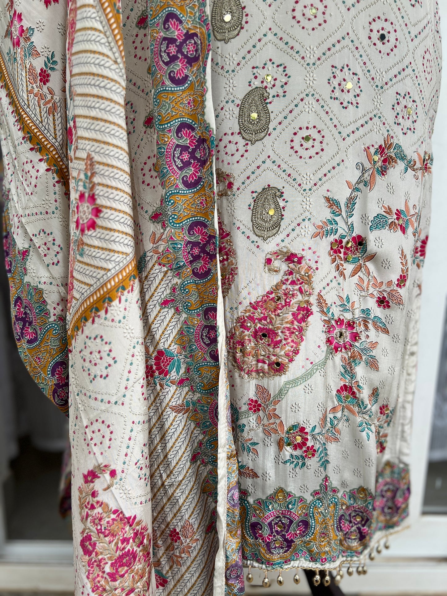 Elegant Crepe Pakistani Stitched Salwar Suit with Intricate Mirror Work