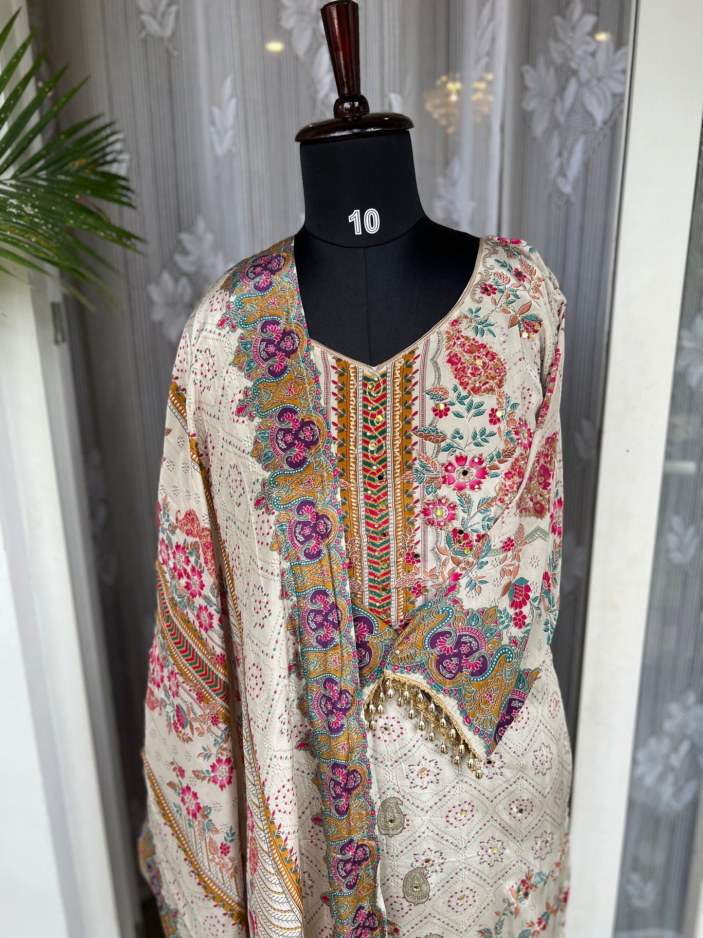 Elegant Crepe Pakistani Stitched Salwar Suit with Intricate Mirror Work