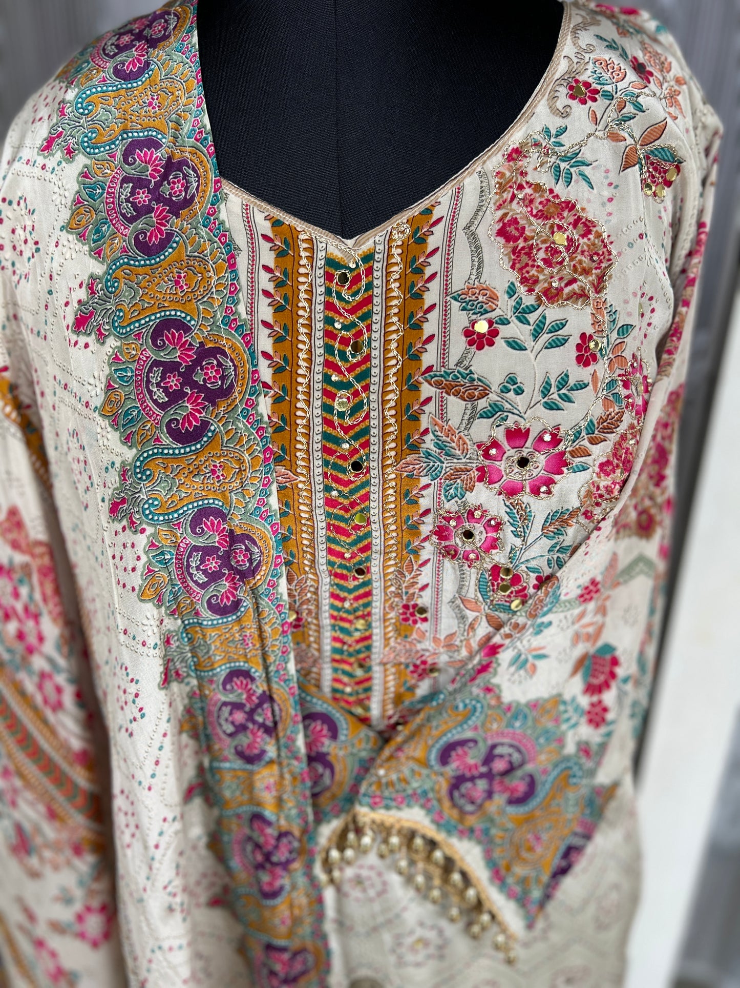 Elegant Crepe Pakistani Stitched Salwar Suit with Intricate Mirror Work