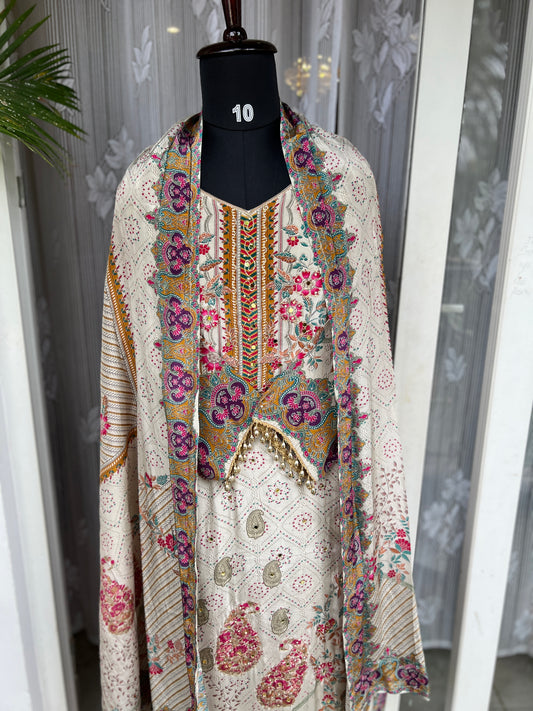 Elegant Crepe Pakistani Stitched Salwar Suit with Intricate Mirror Work