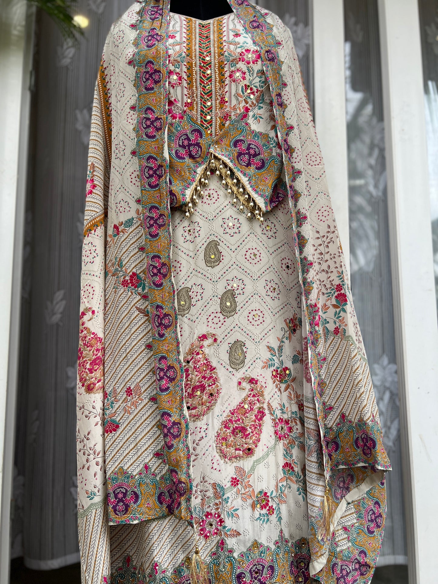 Elegant Crepe Pakistani Stitched Salwar Suit with Intricate Mirror Work