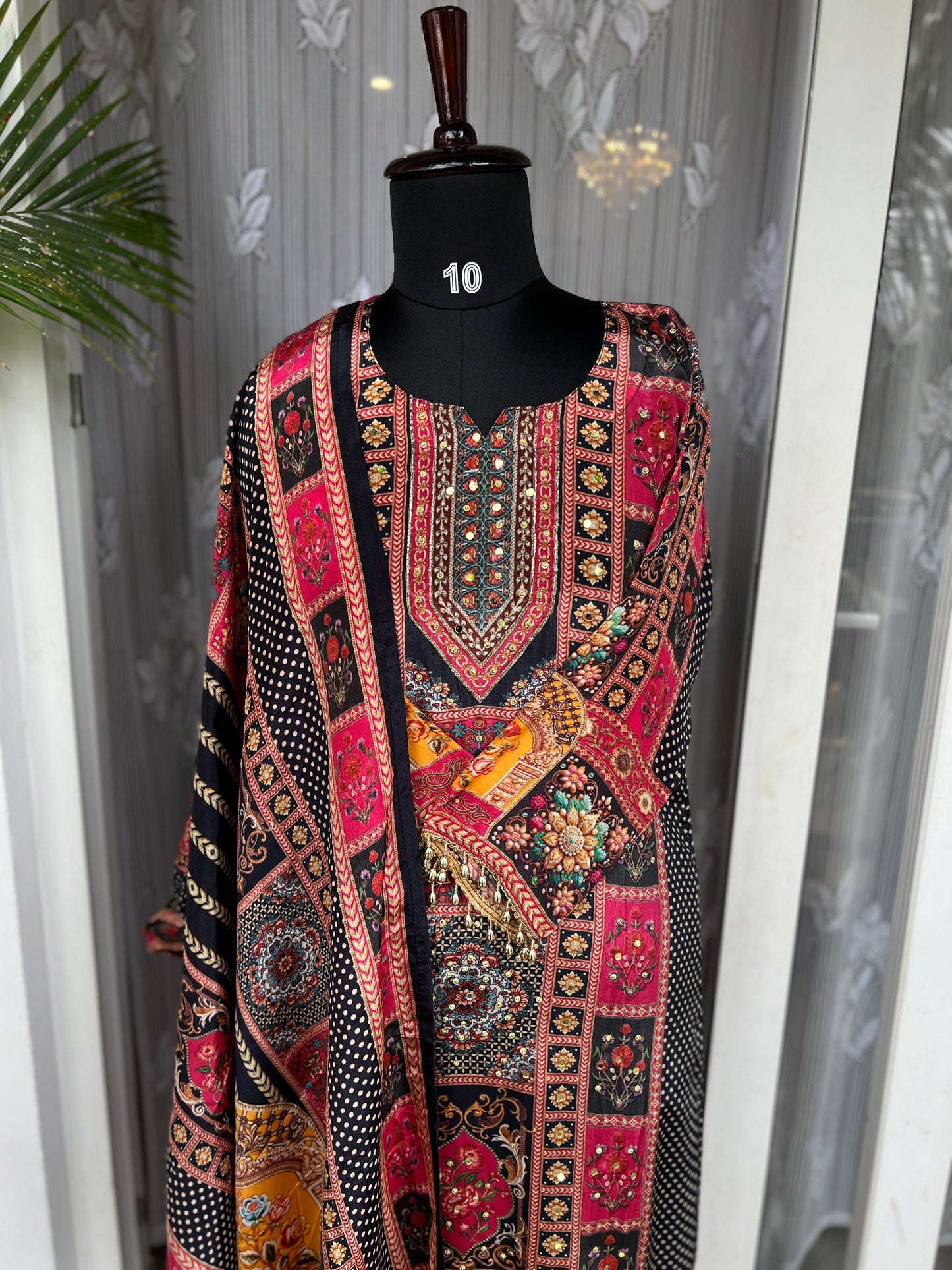 Elegant Crepe Pakistani Stitched Salwar Suit with Intricate Mirror Work