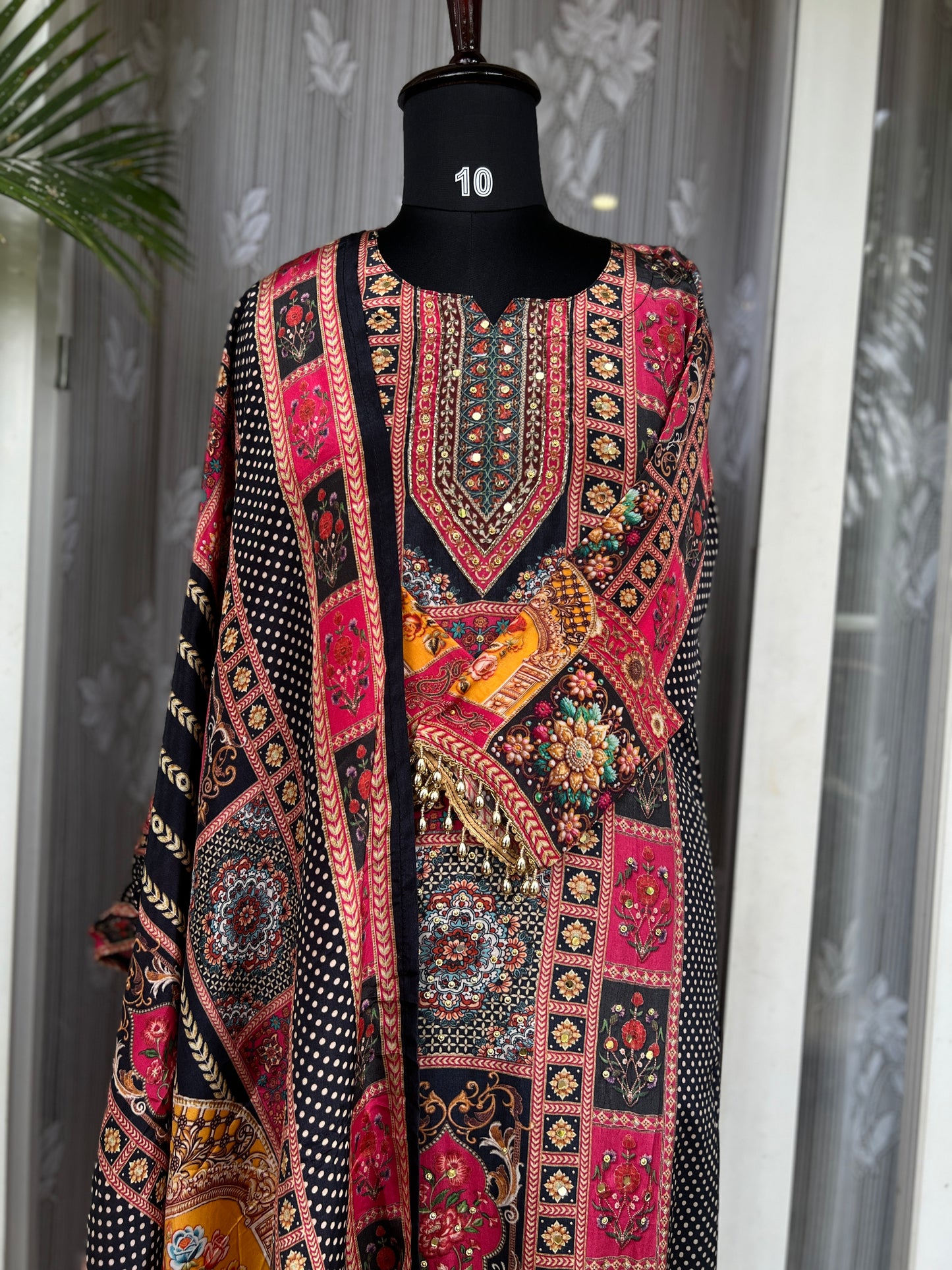 Elegant Crepe Pakistani Stitched Salwar Suit with Intricate Mirror Work