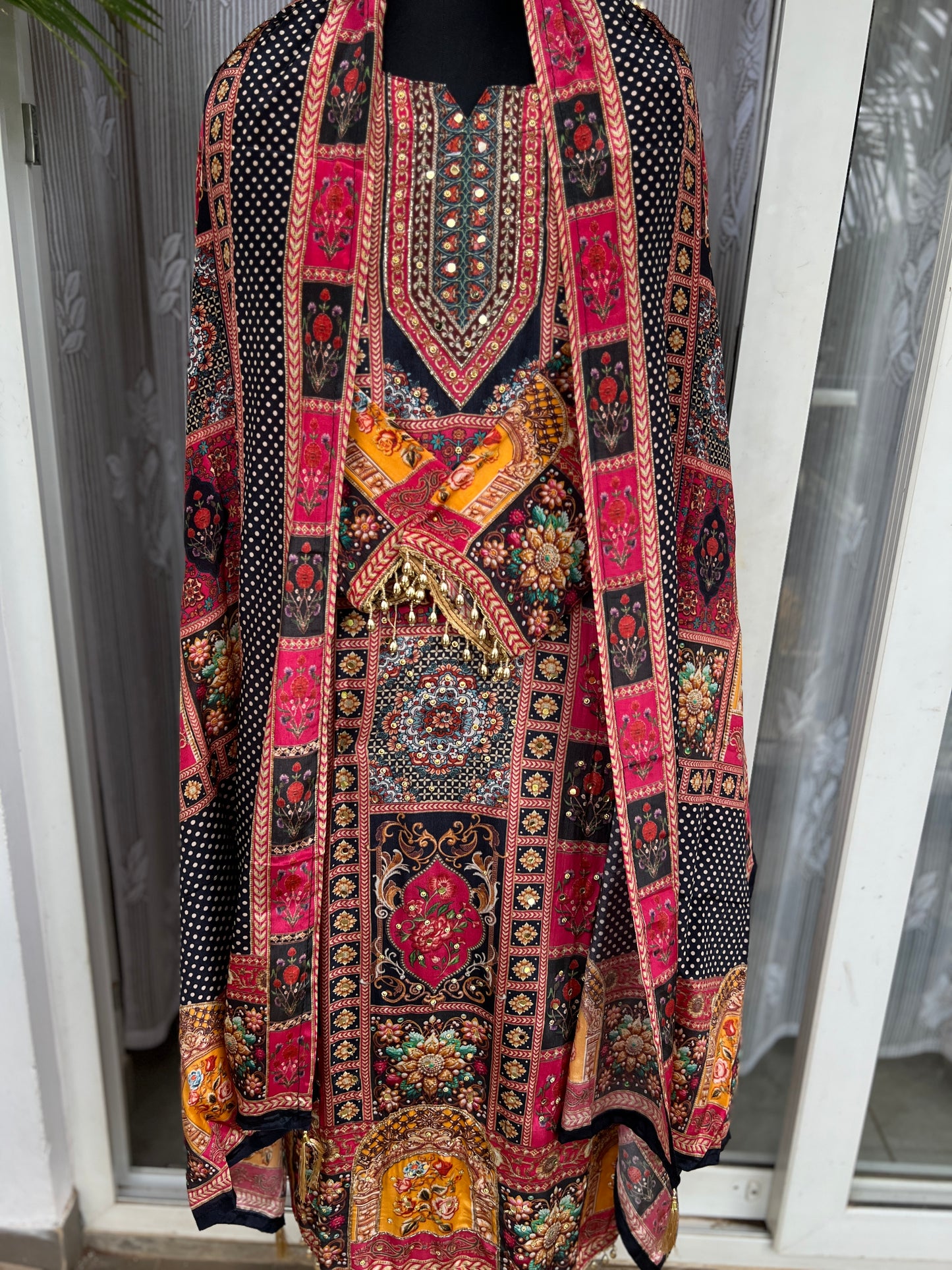 Elegant Crepe Pakistani Stitched Salwar Suit with Intricate Mirror Work