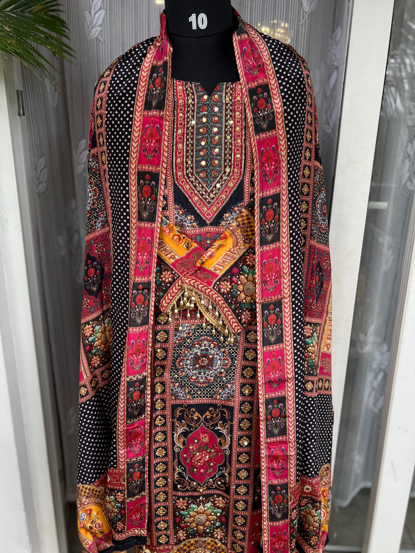 Elegant Crepe Pakistani Stitched Salwar Suit with Intricate Mirror Work