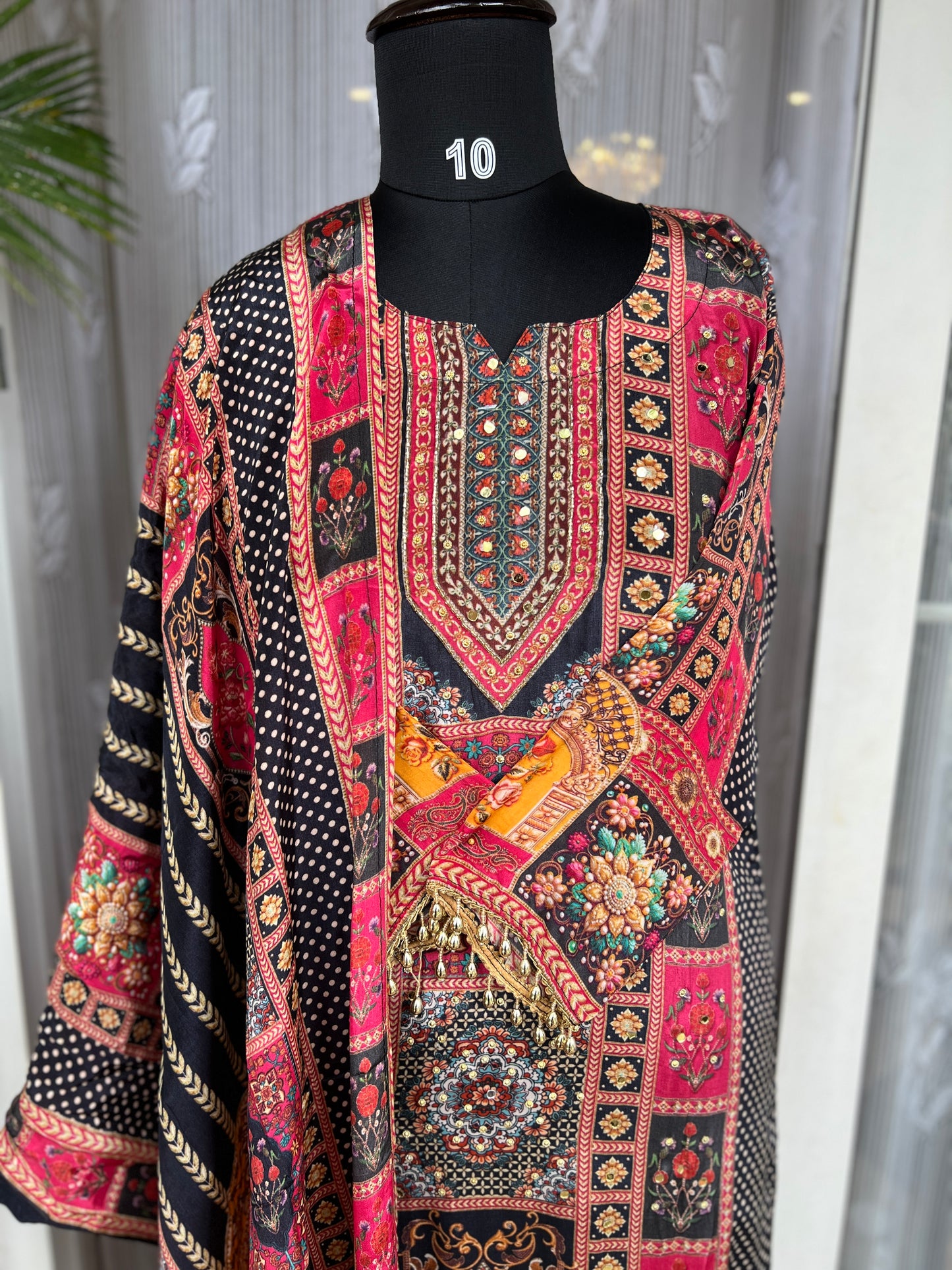 Elegant Crepe Pakistani Stitched Salwar Suit with Intricate Mirror Work