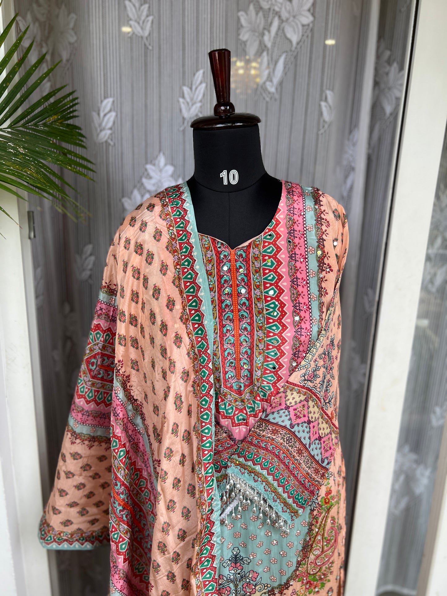 Elegant Crepe Pakistani Stitched Salwar Suit with Intricate Mirror Work