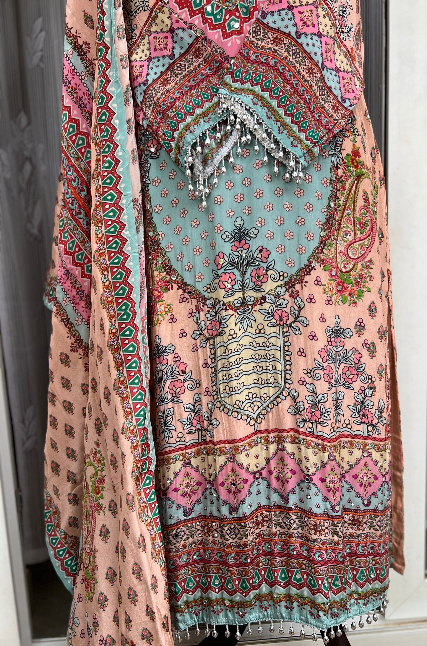 Elegant Crepe Pakistani Stitched Salwar Suit with Intricate Mirror Work