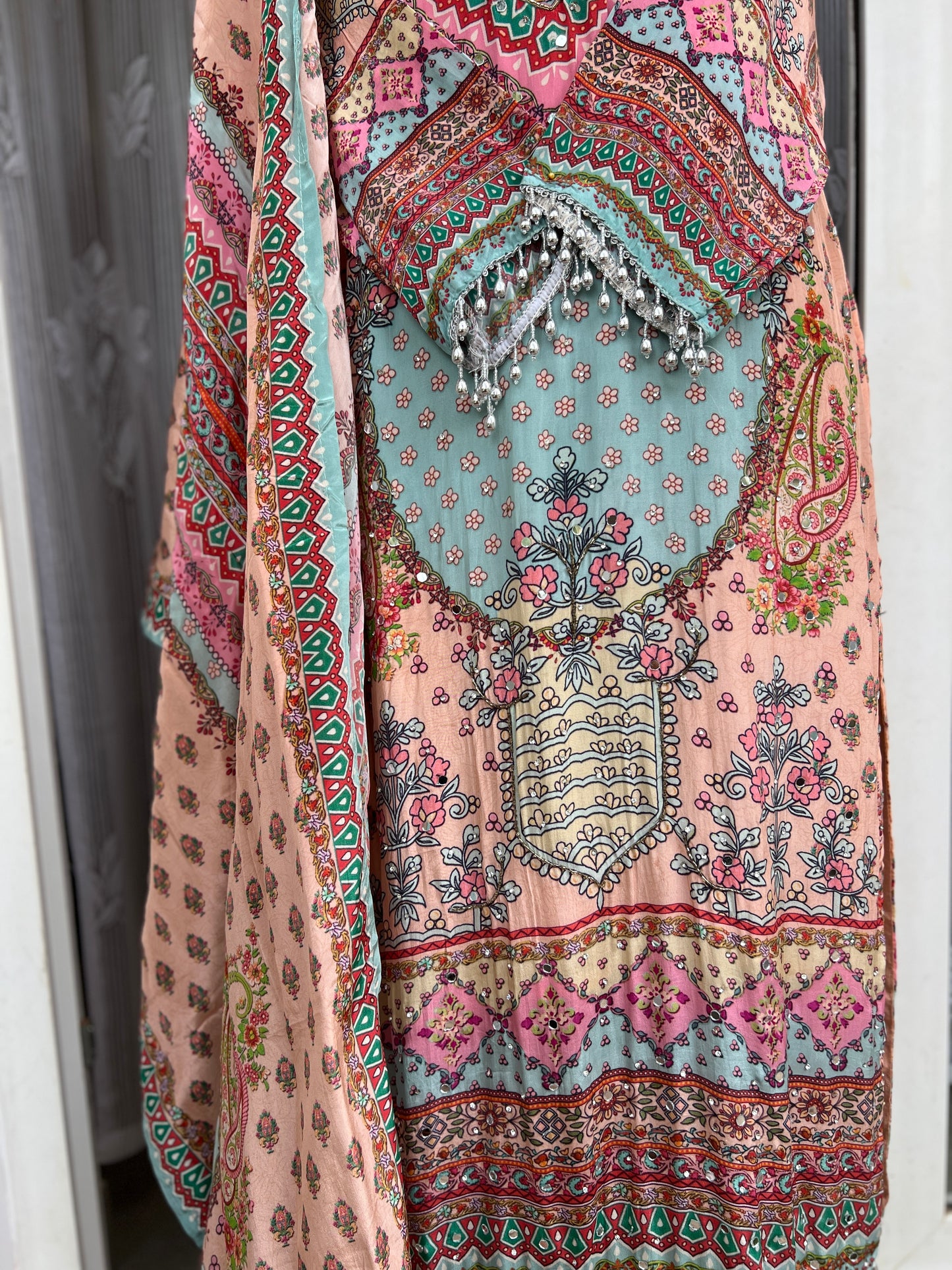 Elegant Crepe Pakistani Stitched Salwar Suit with Intricate Mirror Work