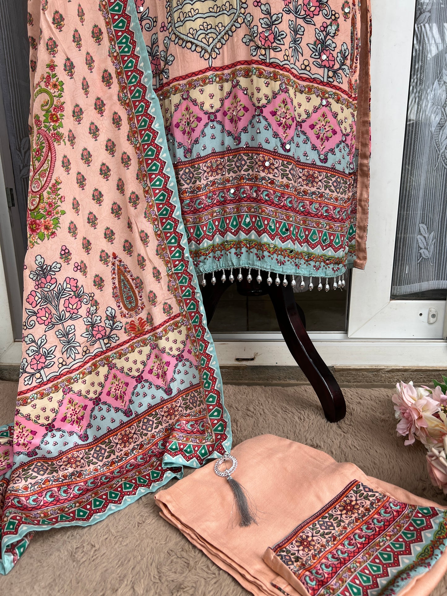 Elegant Crepe Pakistani Stitched Salwar Suit with Intricate Mirror Work