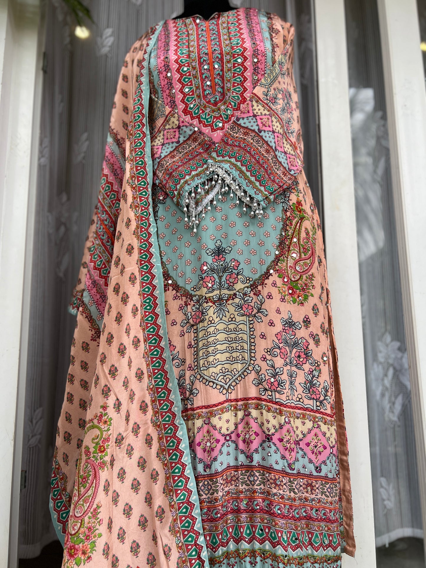 Elegant Crepe Pakistani Stitched Salwar Suit with Intricate Mirror Work
