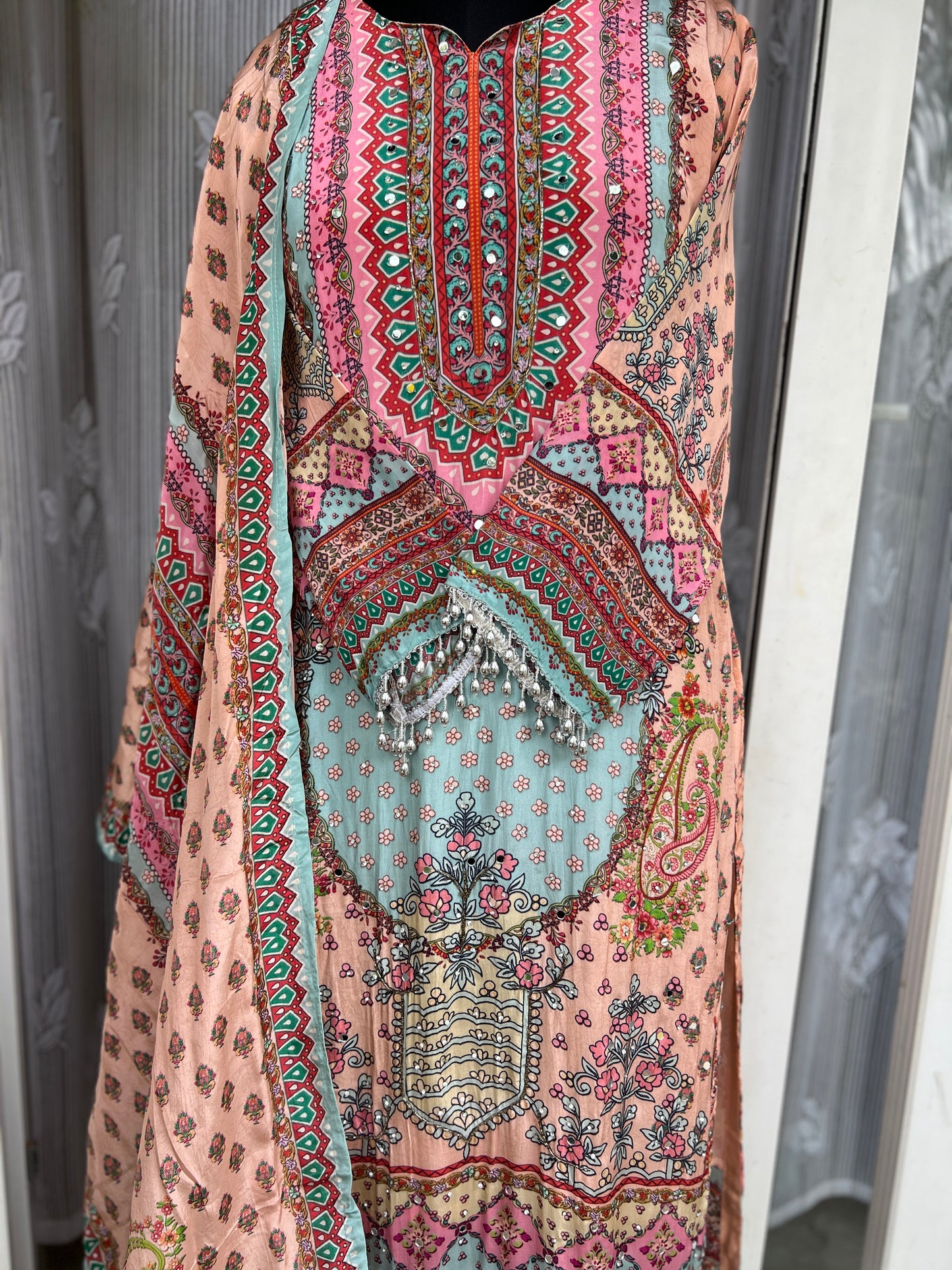 Elegant Crepe Pakistani Stitched Salwar Suit with Intricate Mirror Work