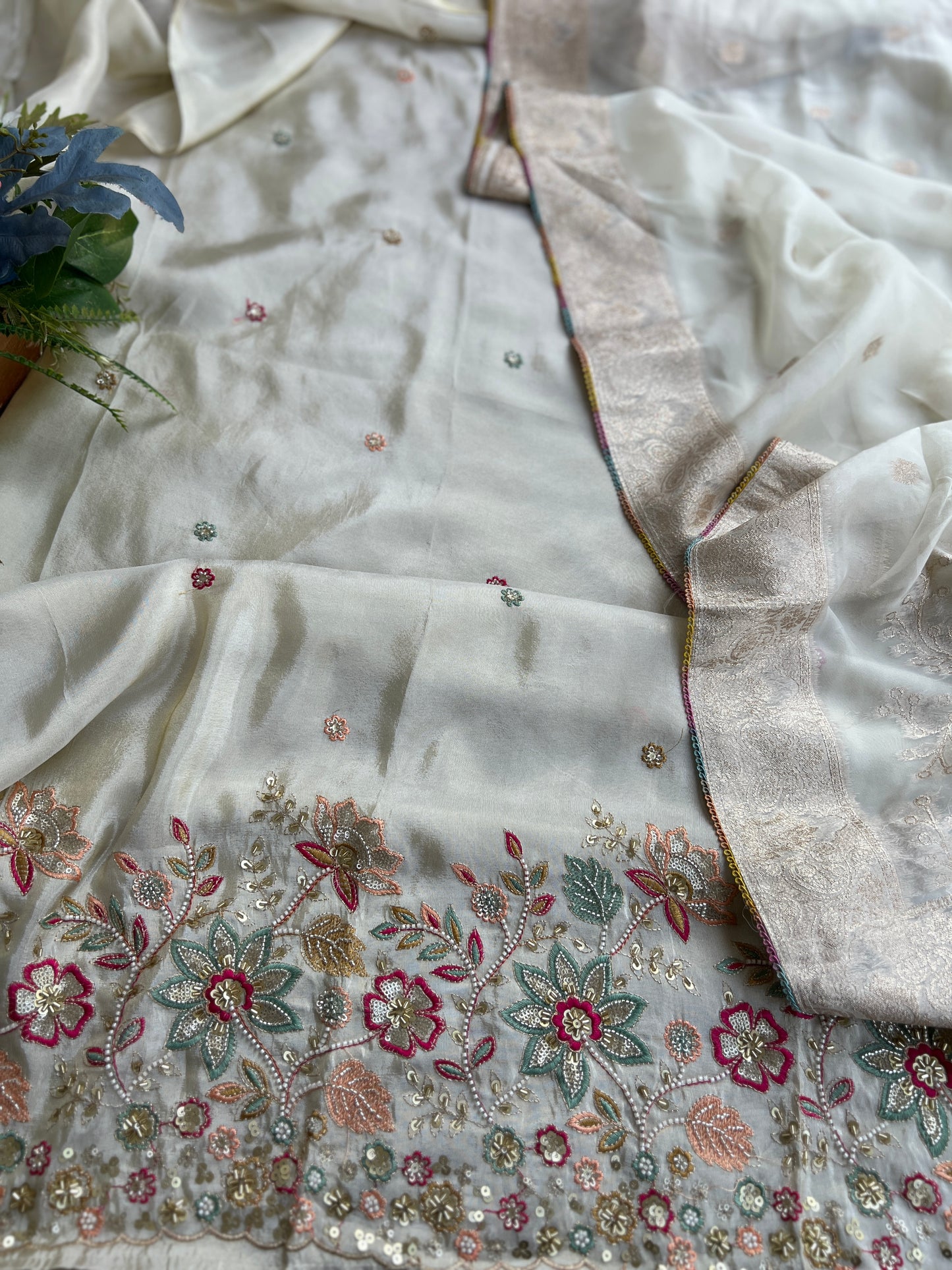 Ivory Shimmer Silk with Multi-Embroidered Elegance