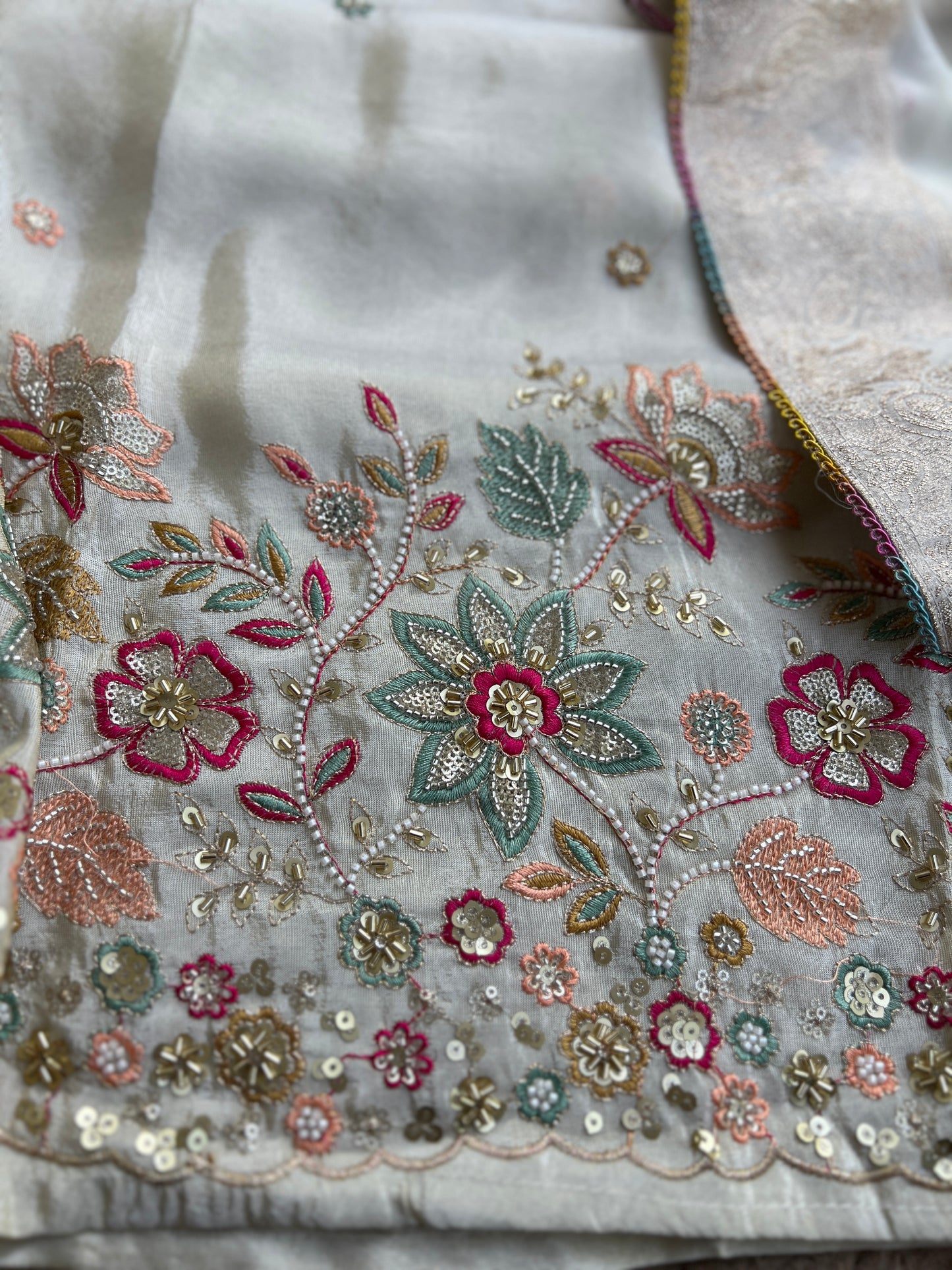 Ivory Shimmer Silk with Multi-Embroidered Elegance