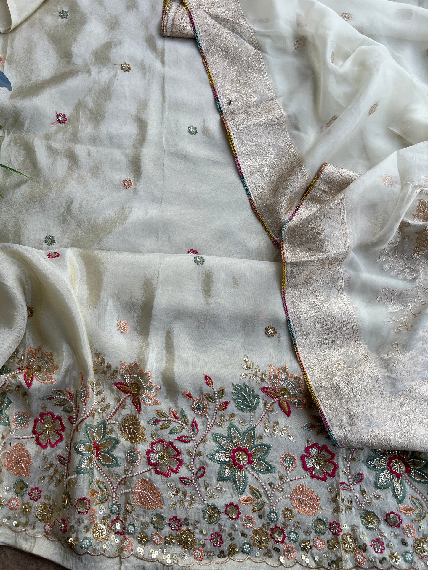 Ivory Shimmer Silk with Multi-Embroidered Elegance
