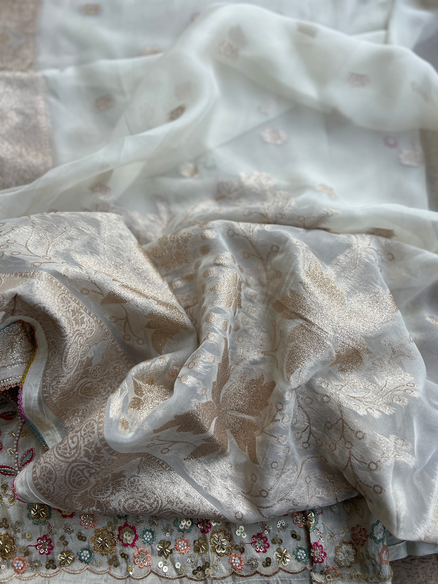 Ivory Shimmer Silk with Multi-Embroidered Elegance