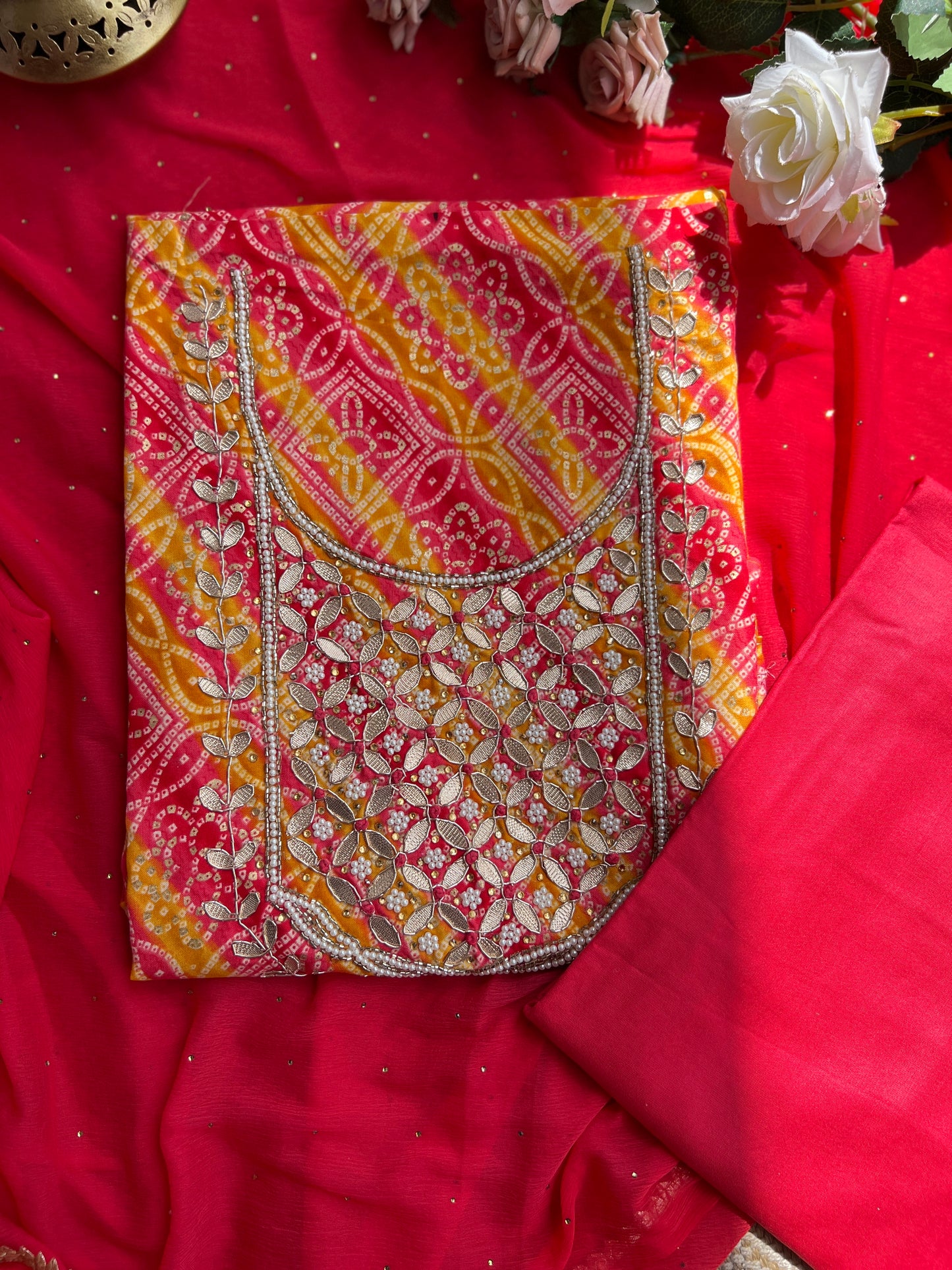 Bandhani with Hand Mirror Embroidery