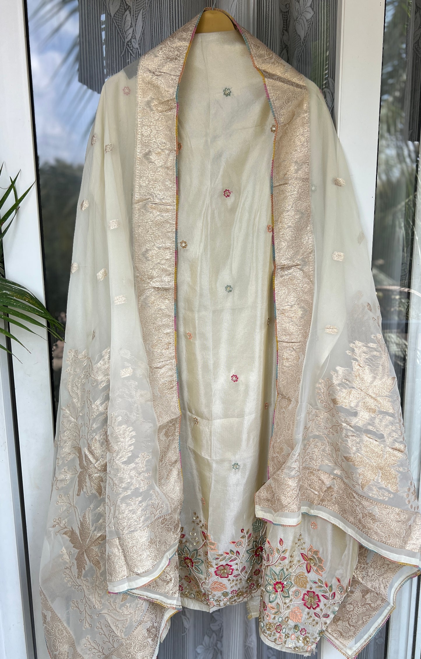 Ivory Shimmer Silk with Multi-Embroidered Elegance