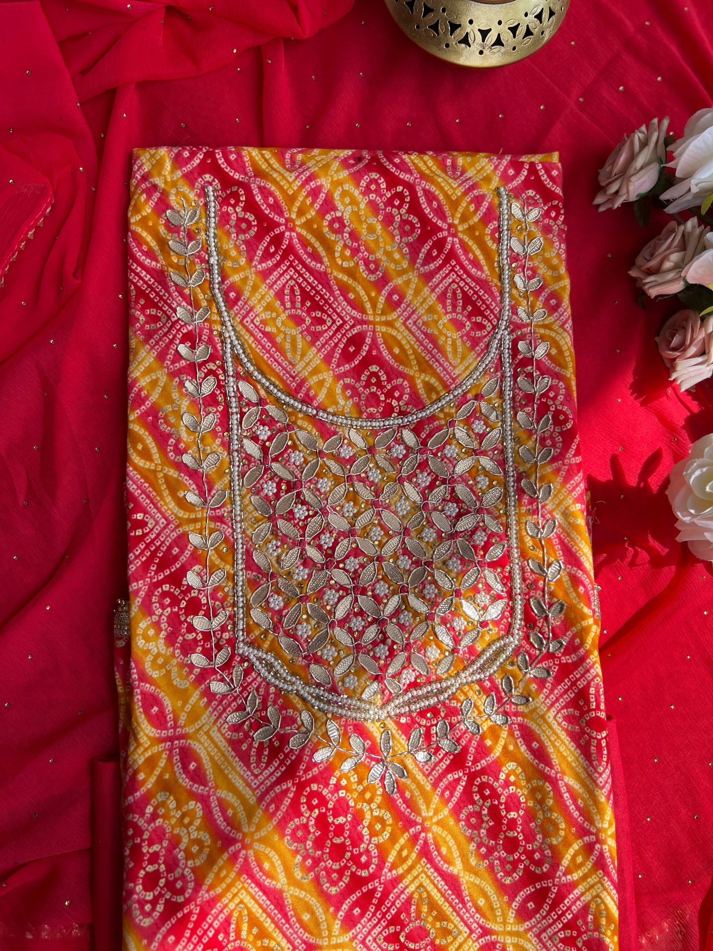 Bandhani with Hand Mirror Embroidery